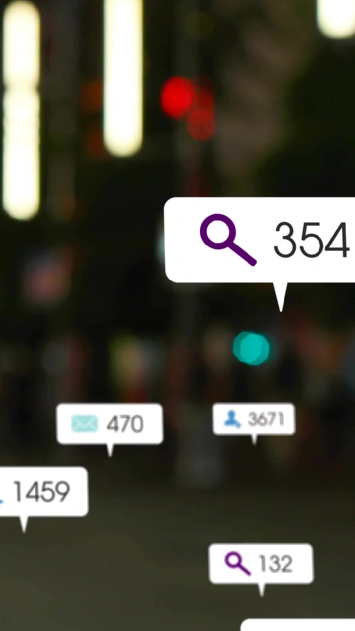 Group of pedestrians sitting and standing at night in urban plaza with notification badges floating