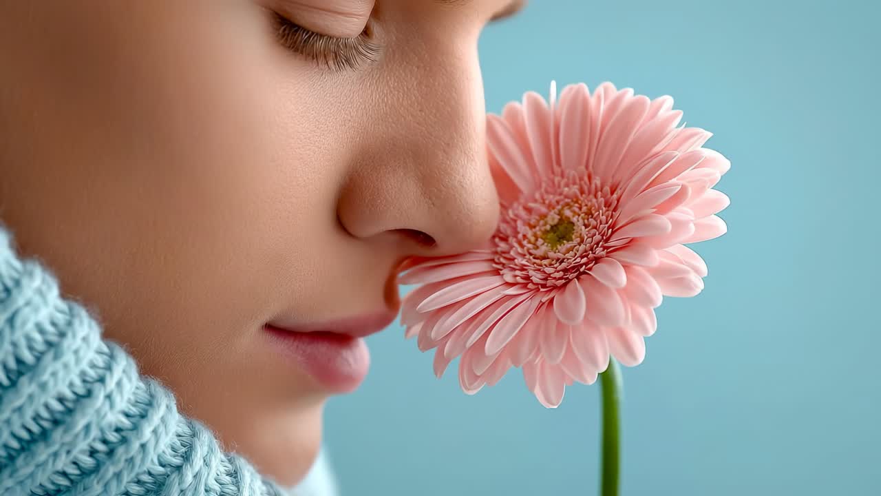 Primo piano di fiore rosa. Una persona è vicino a un fiore rosa mentre ne inala il profumo. L'ambiente ha uno sfondo blu semplice e un'illuminazione soffusa.