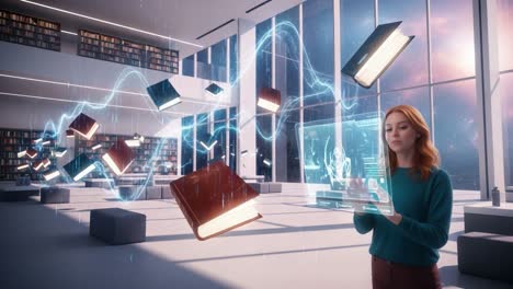 a dynamic journey through digital knowledge: a woman interacts with floating books and interactive technology in a futuristic library setting
