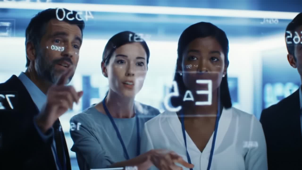 A diverse group of professionals analyze digital data, engaging in a collaborative discussion while utilizing advanced technology for insightful decision-making