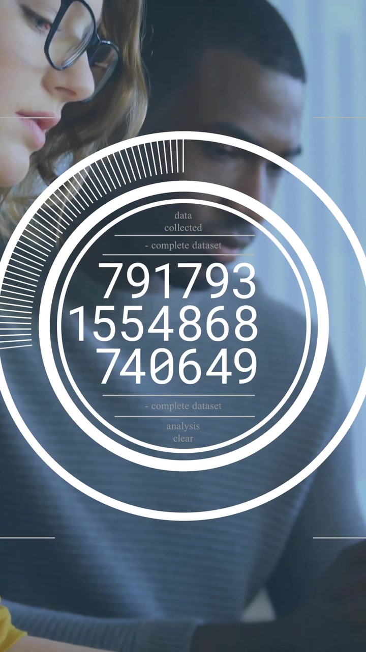 Animation of data processing over diverse colleagues working in office