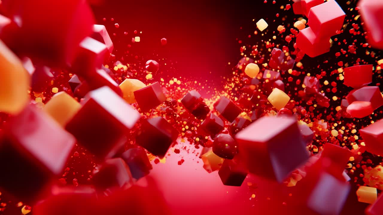 Vibrant Explosion of Colorful Cubes with Red and Yellow Particles in Motion – A Dynamic Visual Display Emphasizing Depth and Energy in Abstract Artistry