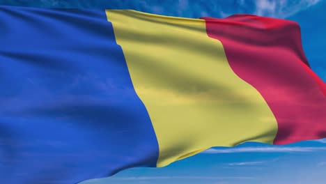 flag of romania with fabric structure against a cloudy sky (loopable)