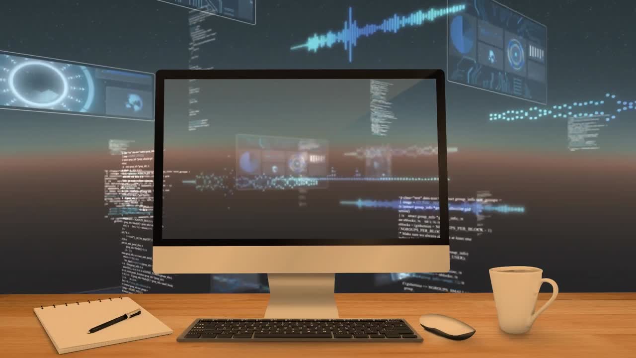 여러 라운드 스캐너와 데이터 처리에 대항하여 테이블에 데스크 ⁇  컴퓨터 및 사무실 장비