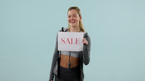 woman, sale sign and gym promotion