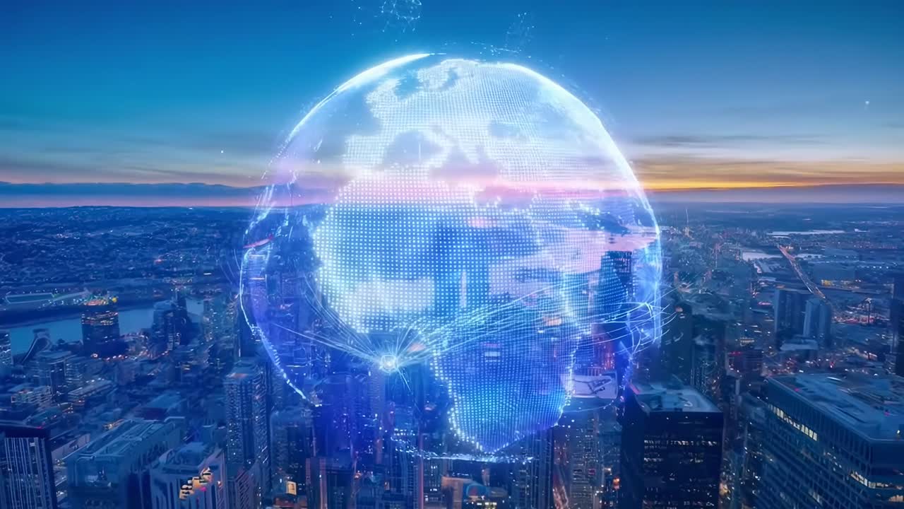 Aerial cityscape with a digital globe overlay at sunset, perfect for a futuristic video