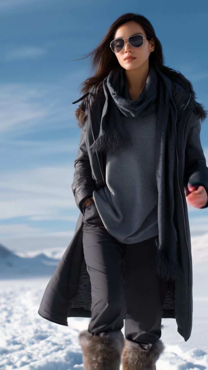 Donna sicura di sé in elegante abbigliamento invernale che cammina attraverso un paesaggio innevato, mostrando la moda moderna e le tendenze dell'abbigliamento invernale in un'affascinante ambientazione esterna.