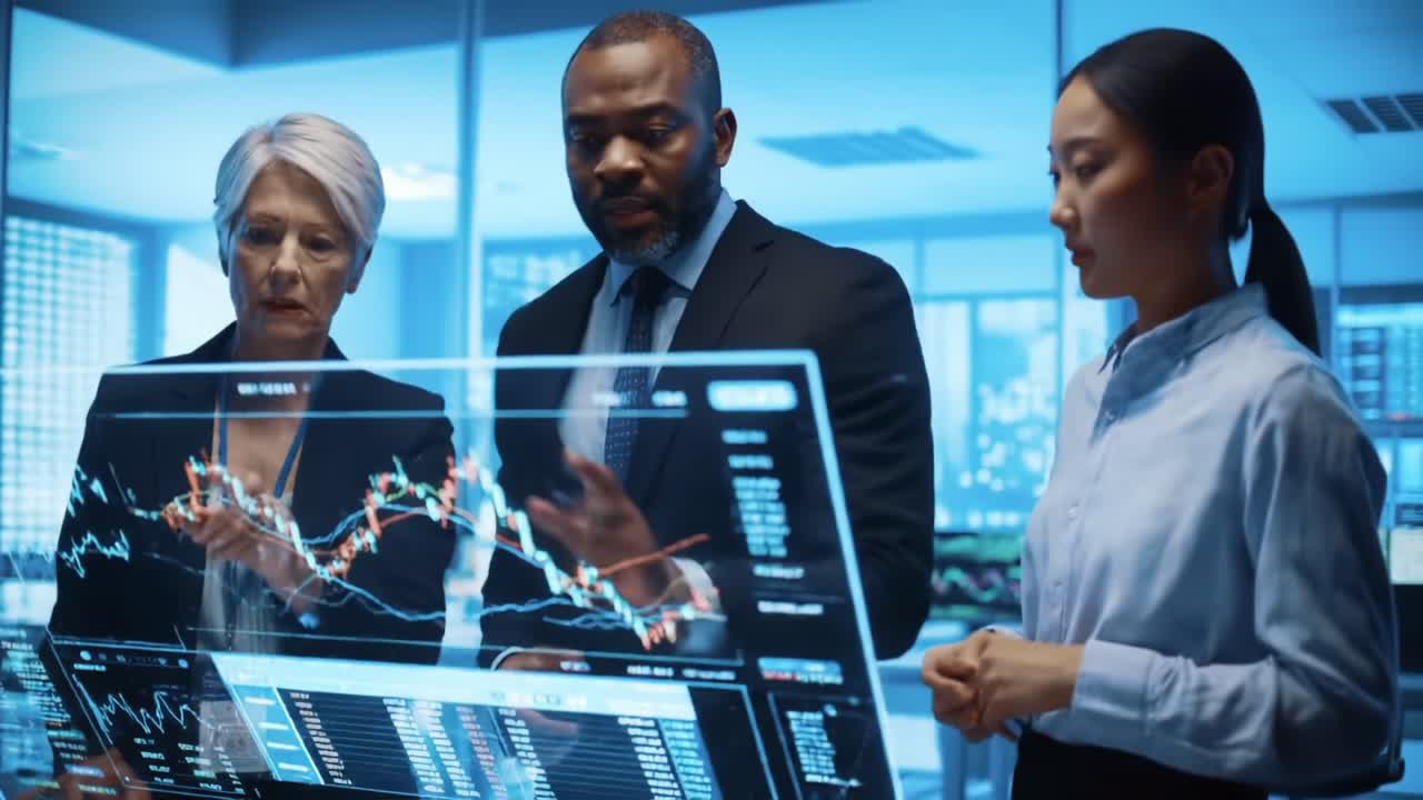 In a modern financial analysis environment, a diverse team of professionals examines intricate data visualizations on a touch-sensitive display, highlighting key trends and market insights