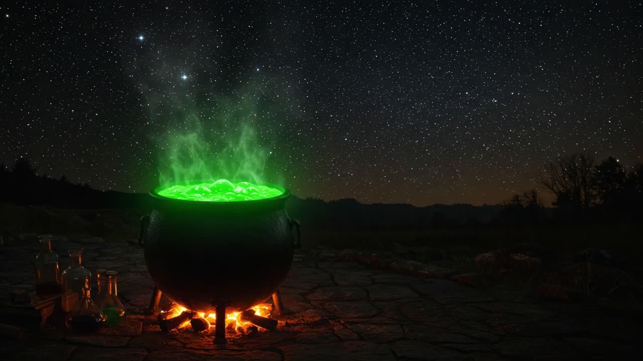A Mysterious Cauldron Brews Under the Night Sky, Emitting a Luminous Green Mist Amidst Stars and Nature's Enchantment in a Whispering Landscape