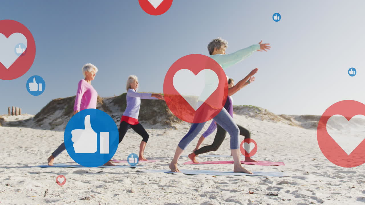 해변에서 요가를 연습하는 여성들에 대한 소셜 미디어 아이콘의 애니메이션