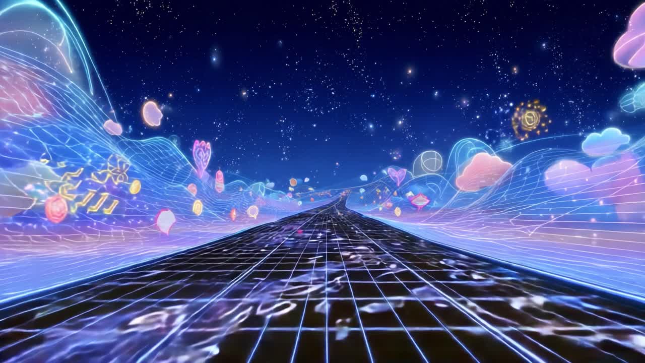 A Fantastical Journey Through a Digital Dreamscape: Exploring a Vibrant, Neon-Lit Landscape Filled with Whimsical Shapes and Colorful Elements Under a Starry Night Sky