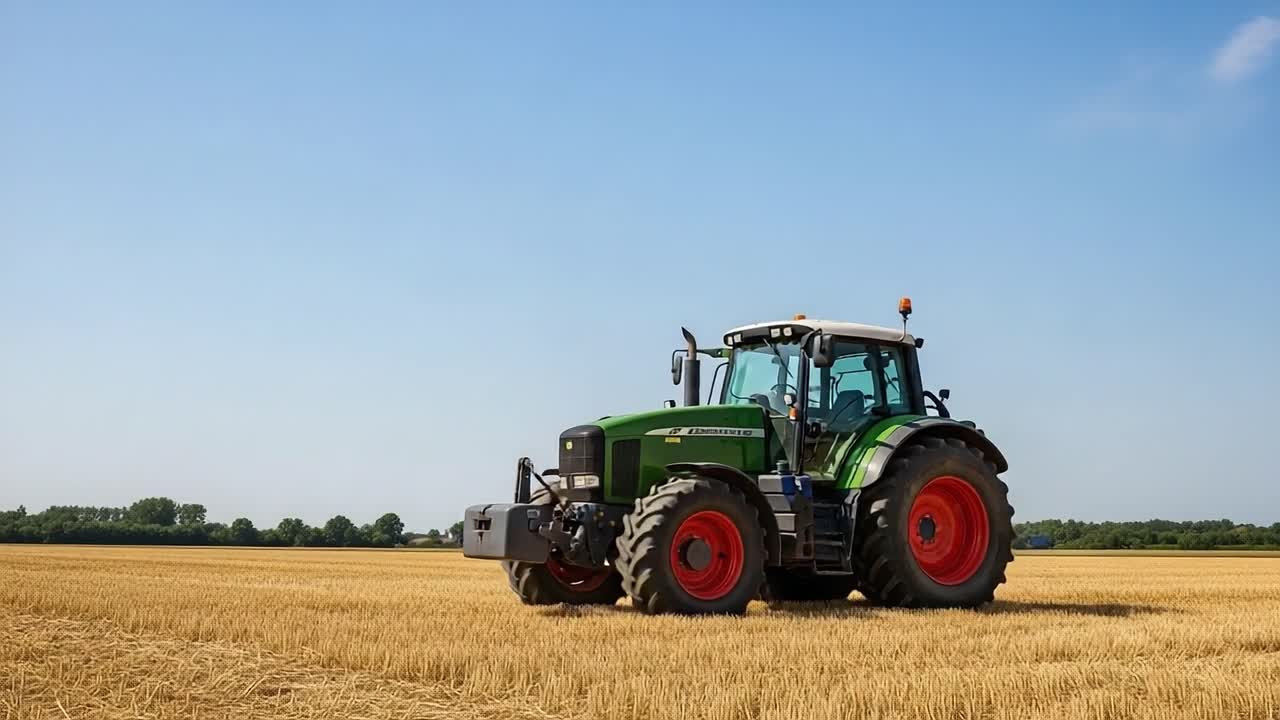 A powerful agricultural tractor on a golden wheat field under a clear blue sky, symbolizing modern farming and efficient cultivation in rural landscapes