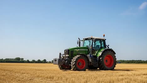 a powerful agricultural tractor on a golden wheat field under a clear blue sky, symbolizing modern farming and efficient cultivation in rural landscapes