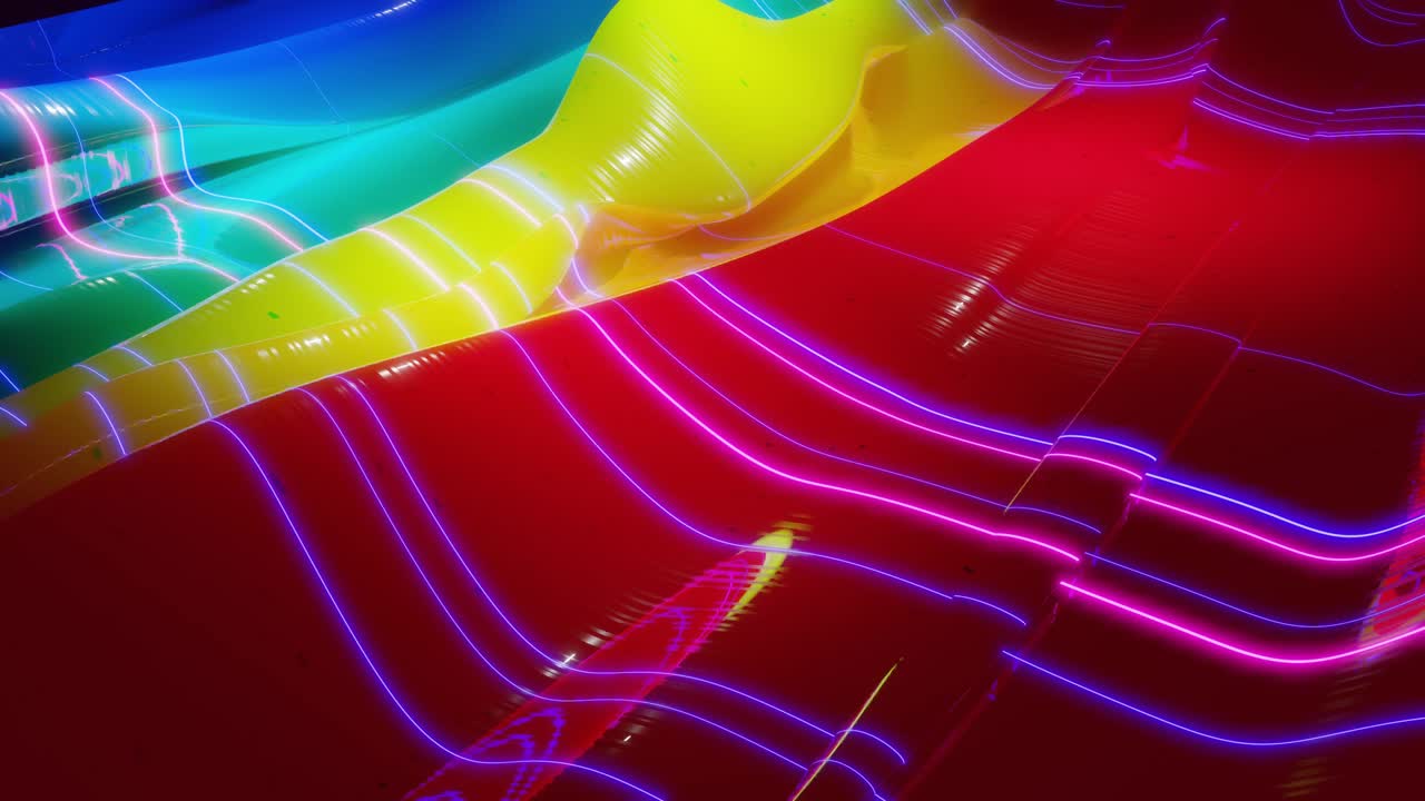 superficie 3d abstracta con hermosas olas, chispas luminosas y gradiente de colores brillantes, colores de arco iris y líneas de brillo. las olas corren en una superficie muy brillante y brillante con brillo brillante. animación en bucle 4k