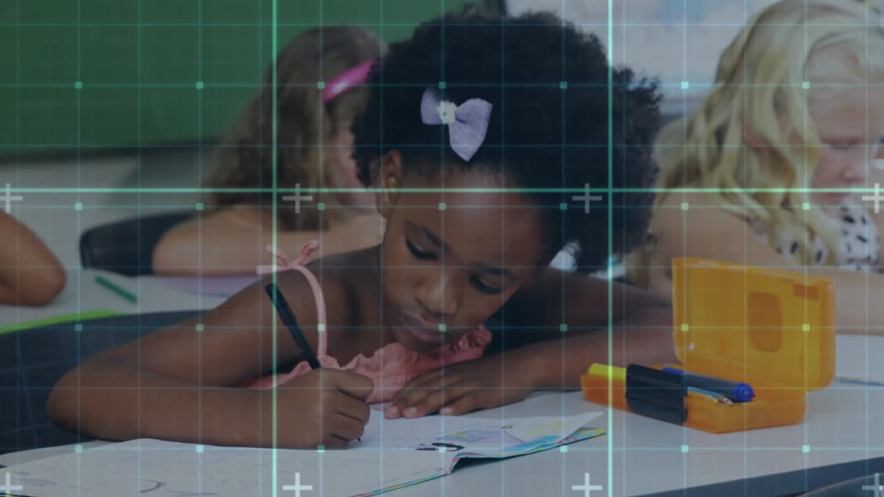 Girl writing at school desk, camera widening activating cyan grid overlay showing math work