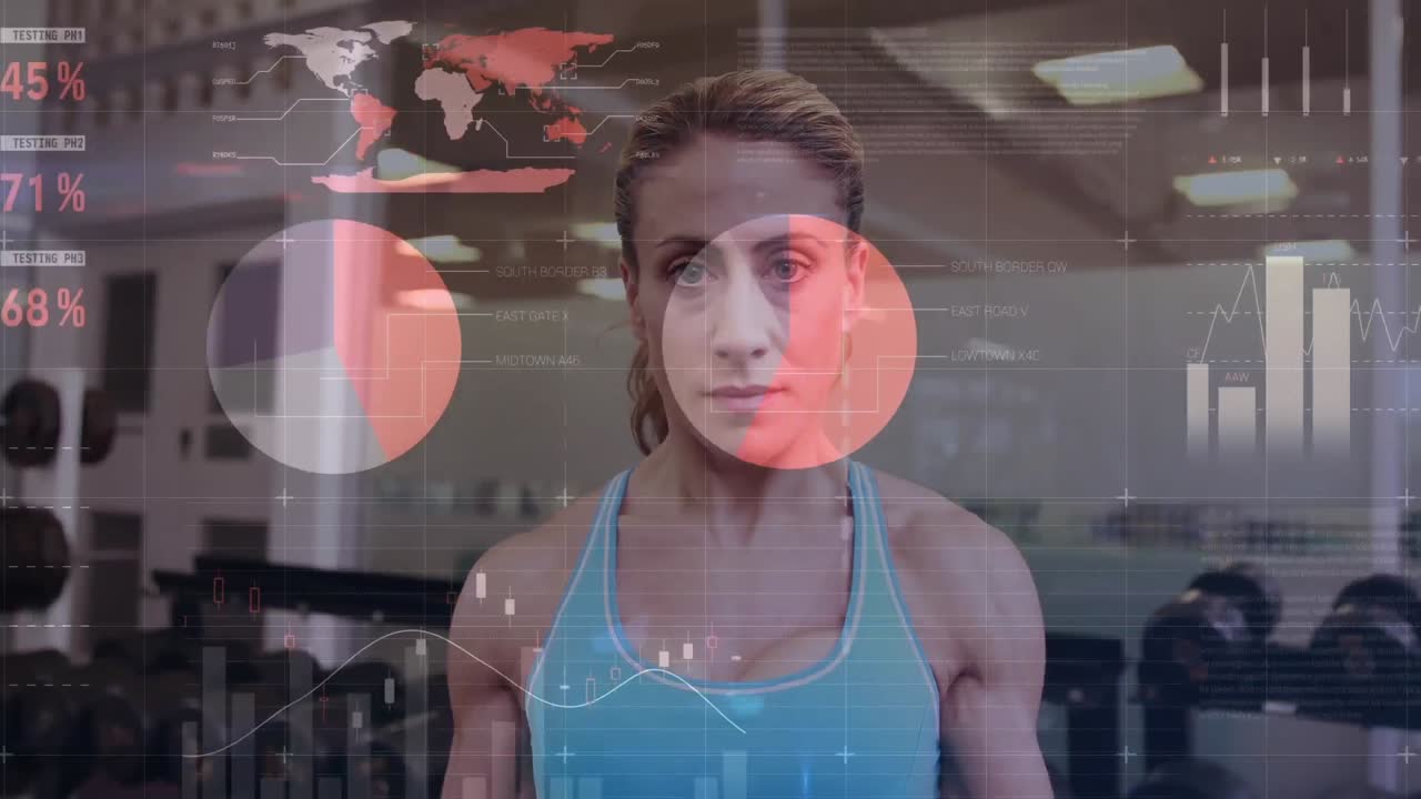 animación del procesamiento de datos sobre una mujer fuerte haciendo ejercicio con equipos de gimnasio