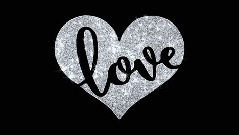 silver glitter heart with love text