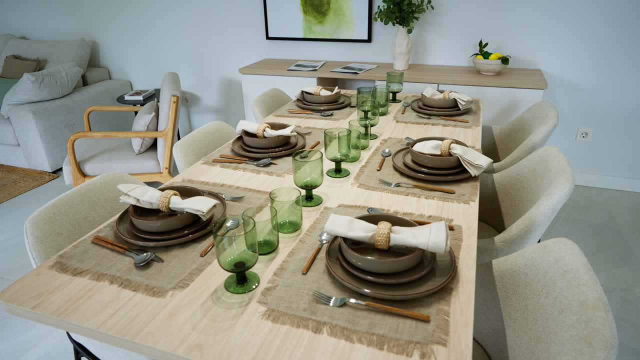 Ruang makan kontemporer dengan penataan meja yang ditata lengkap, warna netral, dan bahan alami. Interior disiapkan untuk properti mewah atau persewaan liburan di kediaman Mediterania