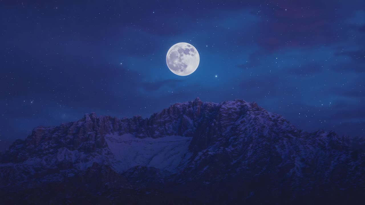 Clouds drifting across night sky, stars flickering around full moon above mountain peaks