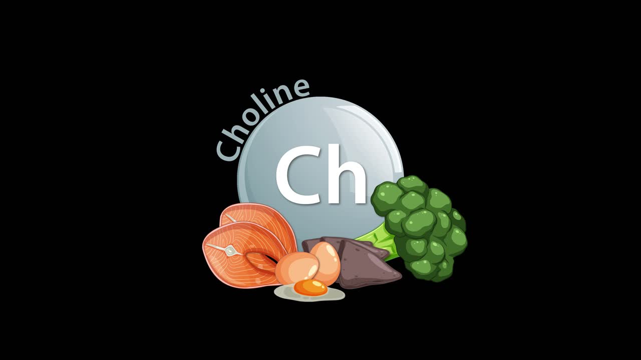 A choline vitamin icon animates as healthy food illustrations—broccoli, egg, mushroom, salmon—appear around it, set against a clean black background