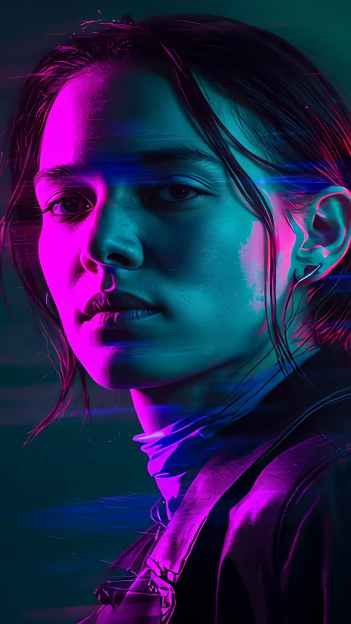 Vertical video: Filming adult Asian woman moving in jacket at studio glitch passing face for effect