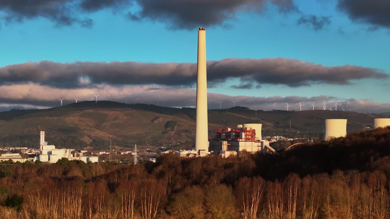 Dark Clouds On As Pontes Thermal Power Plant In Puentes de García Rodriguez, A Coruna, Spain. Aerial Wide Shot