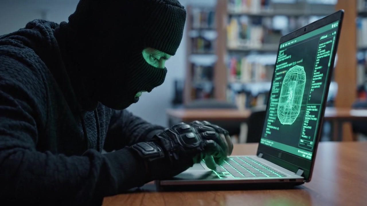 A Cyber Intruder Engaging in Hacking Activities on a Laptop, Achieving Successful Access to Restricted Systems with Digital Data Displayed in Green