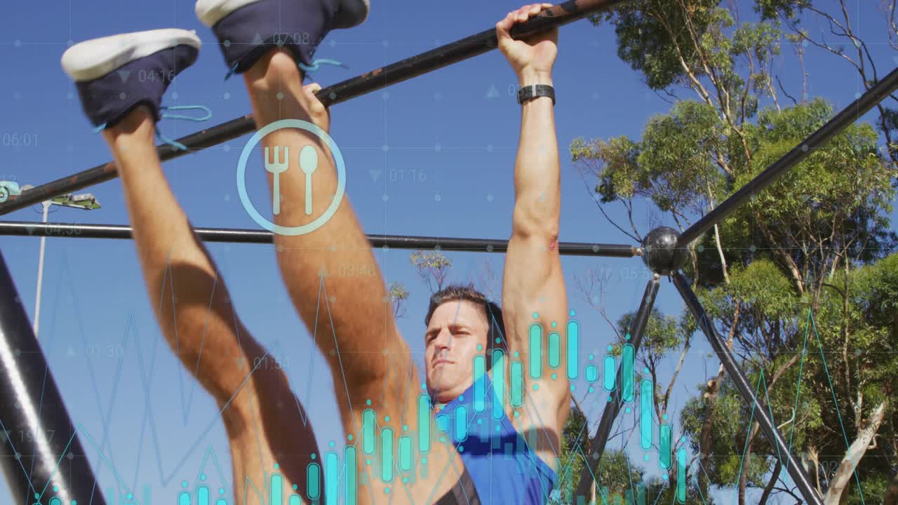 Man bracing bar drawing legs up from hang to upright waveform icons overlaying subject for fitness