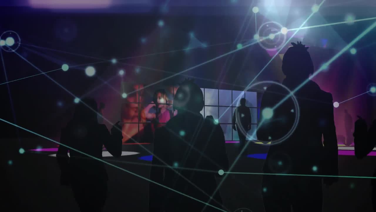 red de conexiones contra un grupo de personas bailando en una discoteca