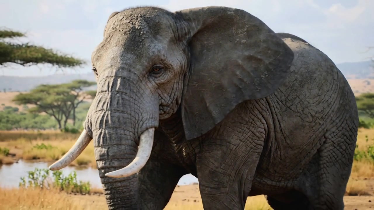 Elefante africano di fronte alla telecamera che poi si gira, camminando verso destra in direzione di una pozza nella savana, con le zanne.