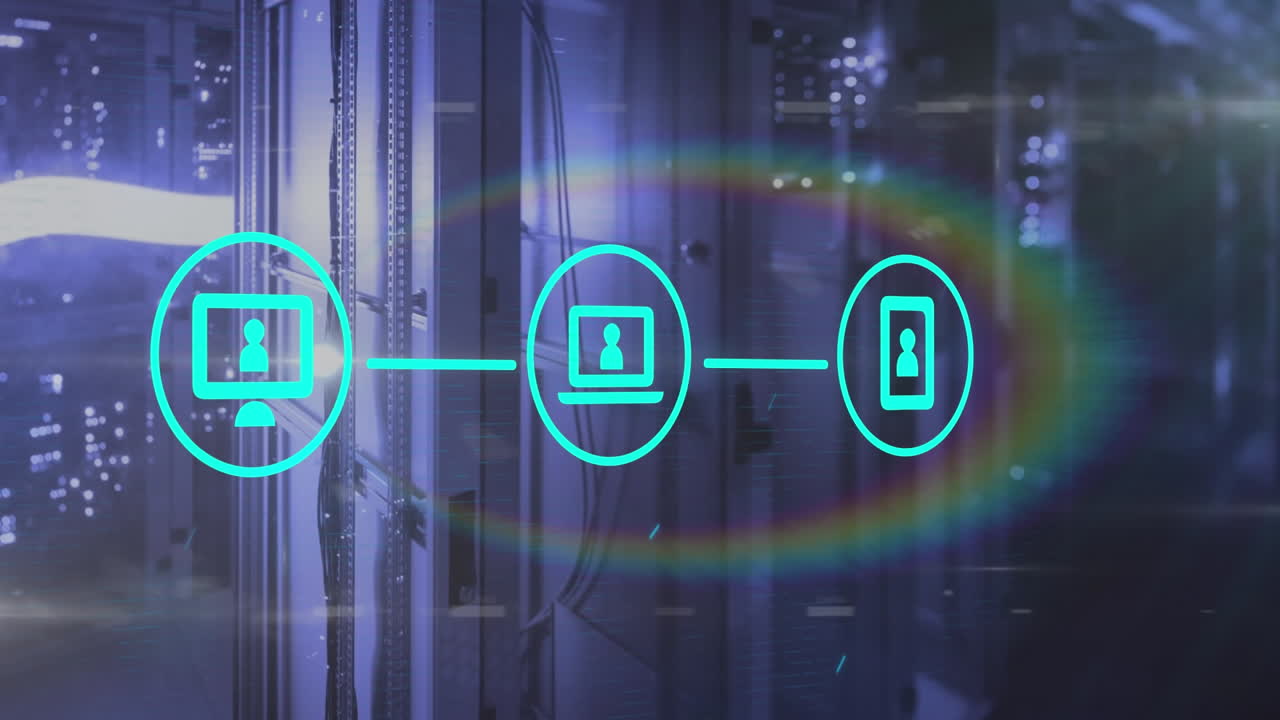 Animation of network of digital icons and rainbow lens flare against computer server room