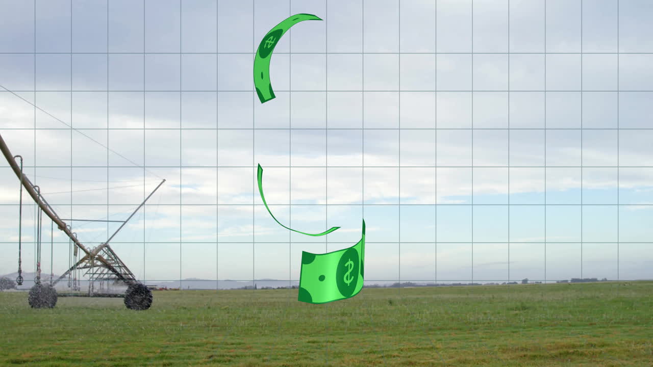 animación de billetes de dólar verdes sobre el sistema de riego agrícola en el campo