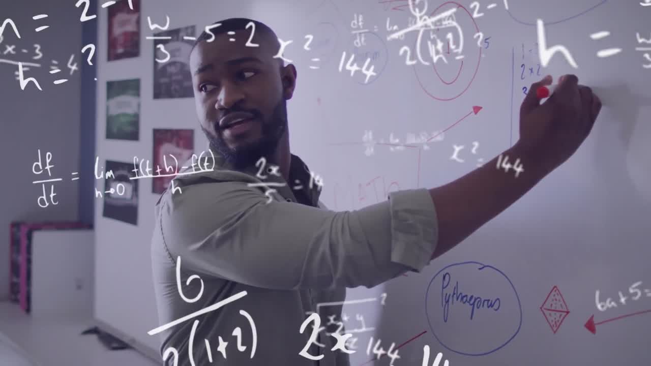 Animation of maths calculations over african american male teacher writing on whiteboard