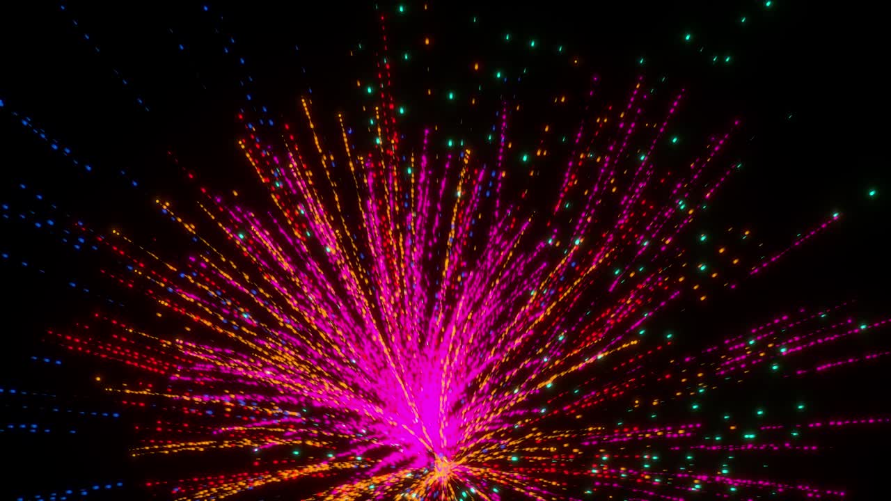 다채로운 둥근 입자의 폭발은 검은색 배경의 한 지점으로 끌려갑니다.