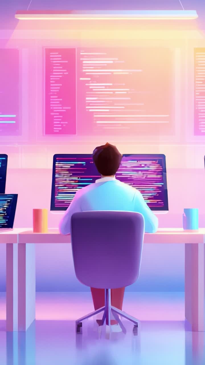 A digital artist immersed in coding, surrounded by glowing monitors, creating with vibrant colors and innovative technology in a modern workspace atmosphere