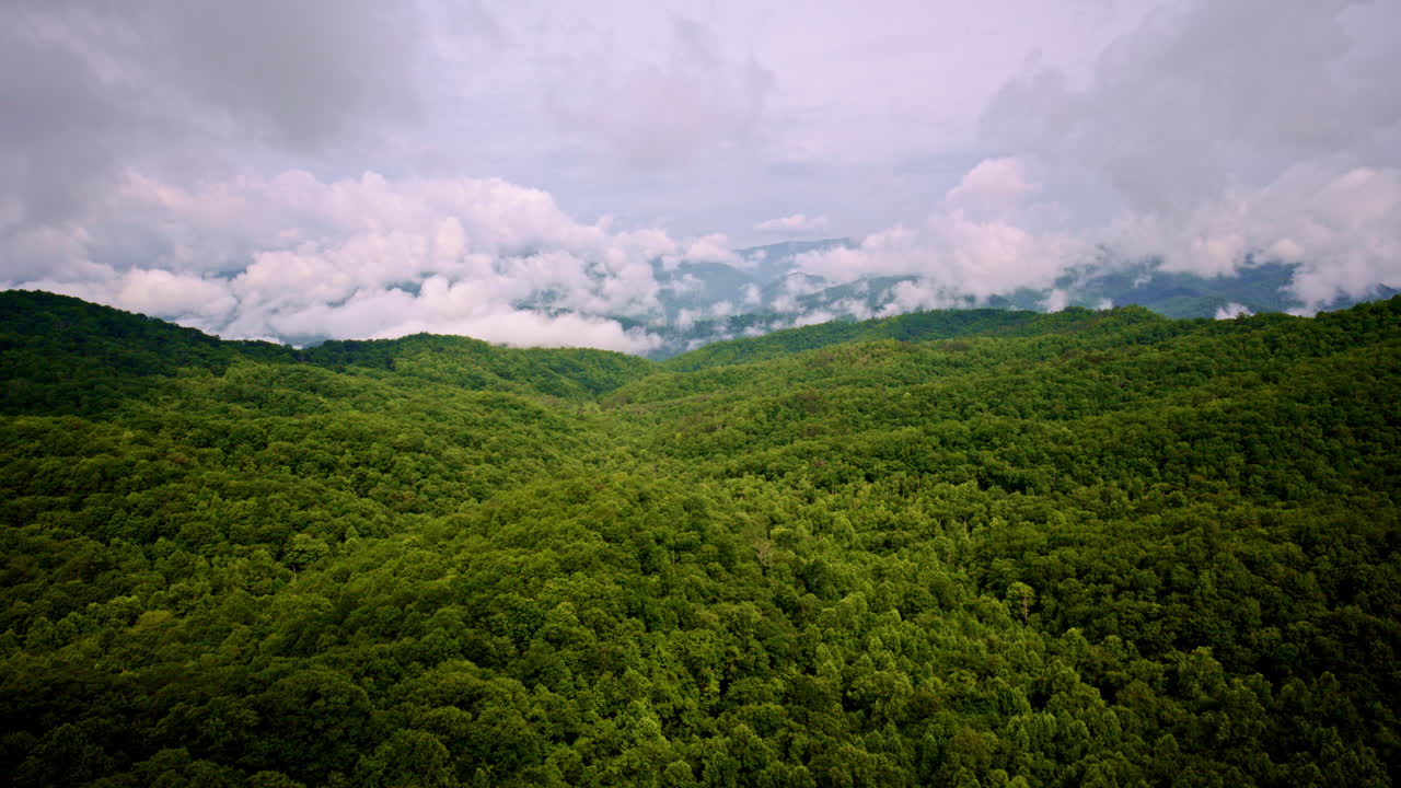 Wide aerial view of smoky ridges in soft light.
