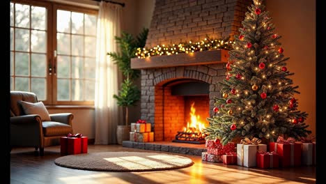 acogedora sala de estar de navidad con chimenea y árbol