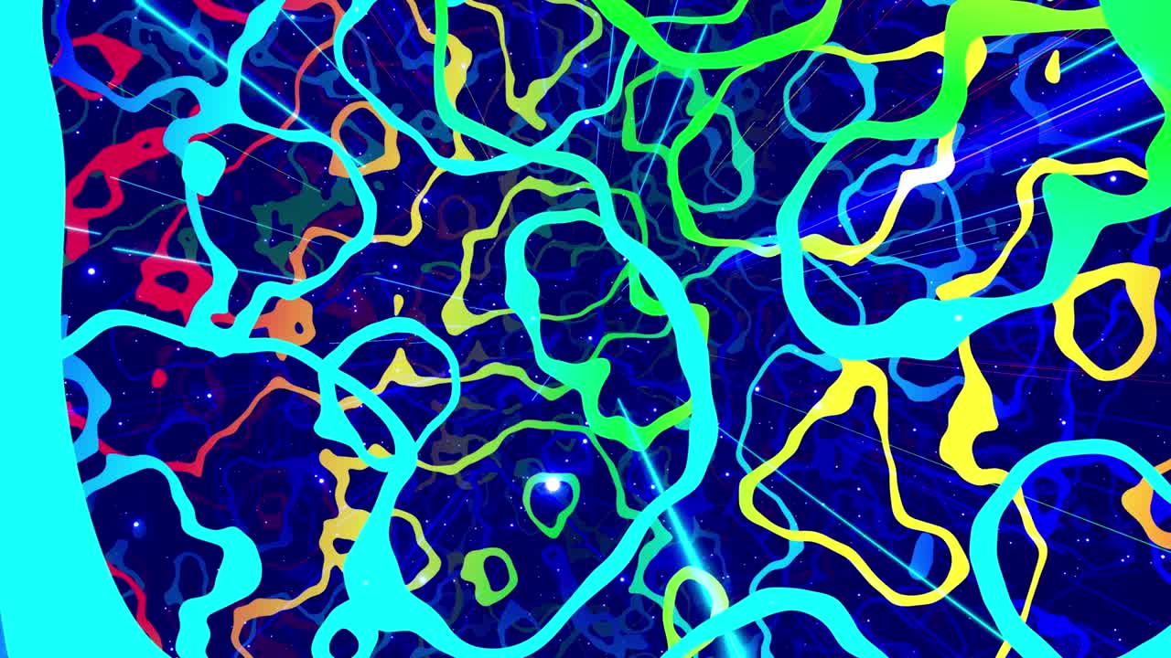 Multicolor motion design vj loop as abstract modern Art. Motion graphic, camera fly and rotate in art space, multilayer structure pattern, glow particles and lines. Ornamental texture. Motion design vj loop