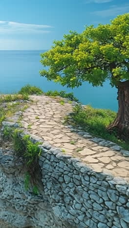 coastal walk with seaside tree. a serene coastal pathway leads to a rocky outcrop, featuring a solitary tree overlooking the tranquil blue waters.