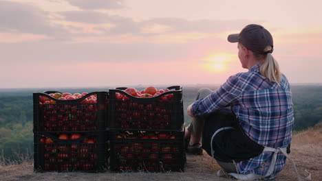 Bäuerin-Sitzt-In-Der-Nähe-Von-Kisten-Mit-Tomaten-Und-Bewundert-Die-Schöne-Landschaft,-Die-Sich-Nach-Der-Arbeit-Ausruht