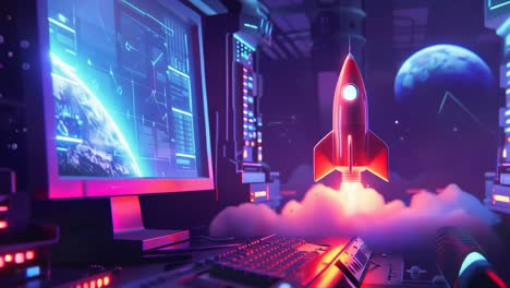 rocket launch in a futuristic server room