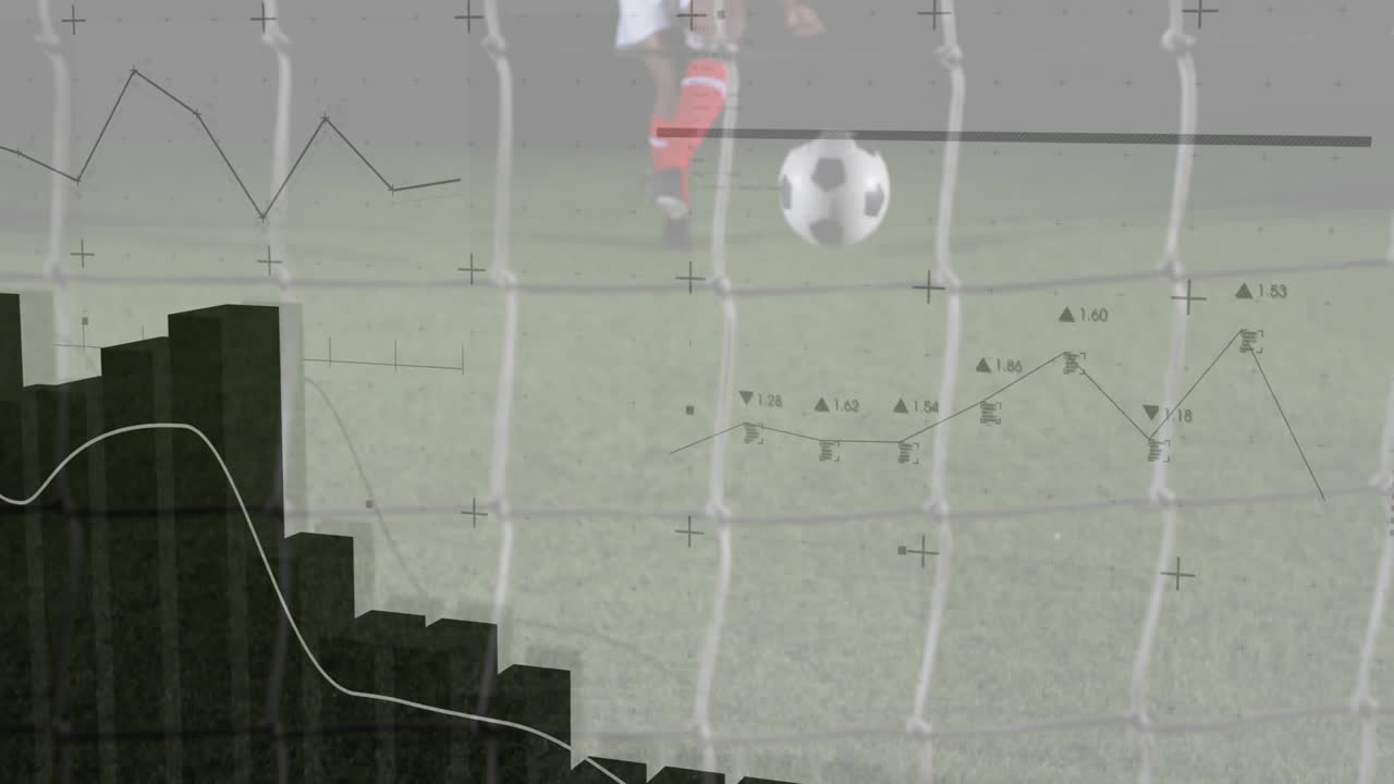 Soccer player kicking ball with data analysis animation overlay on field
