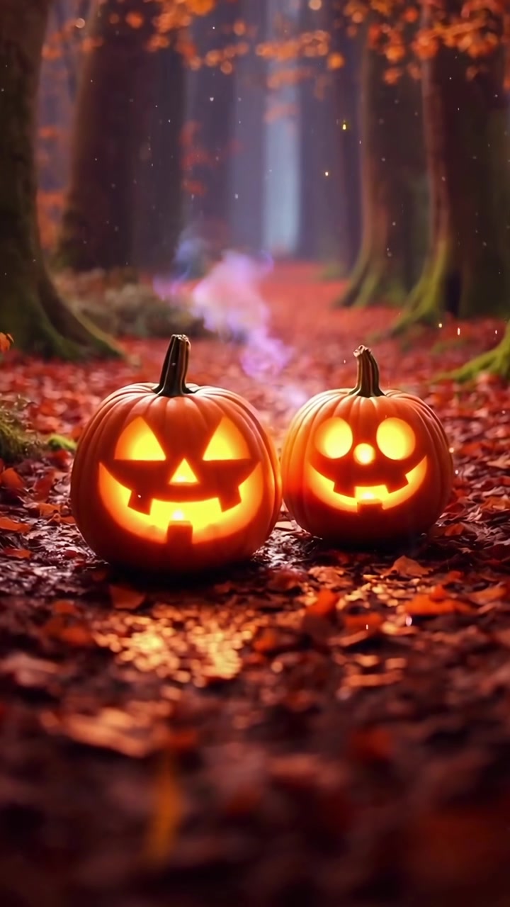 Due Jack-o'-lantern luminose in una foresta autunnale incantata.