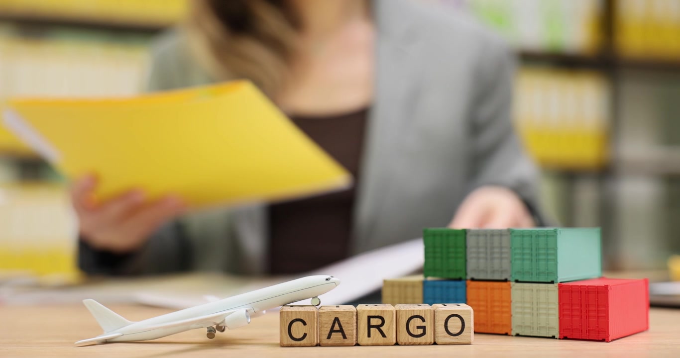 La parola 'cargo' e un aereo giocattolo, con una donna che controlla dei rapporti.