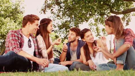 En-Cámara-Lenta-Amigos-Felices-En-El-Parque-Haciendo-Picnic-