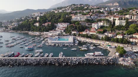 herceg novi aerial view with pool, marina, and lush hillside