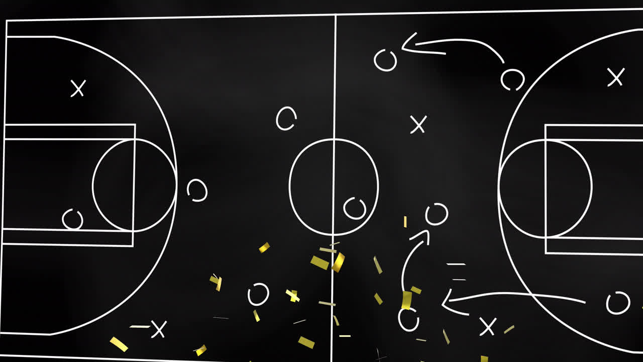 농구 경기장 배경에 떨어지는 콘페티와 스포츠 전술의 애니메이션