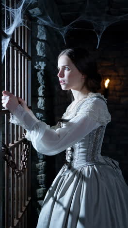 distraught woman imprisoned in a dark dungeon