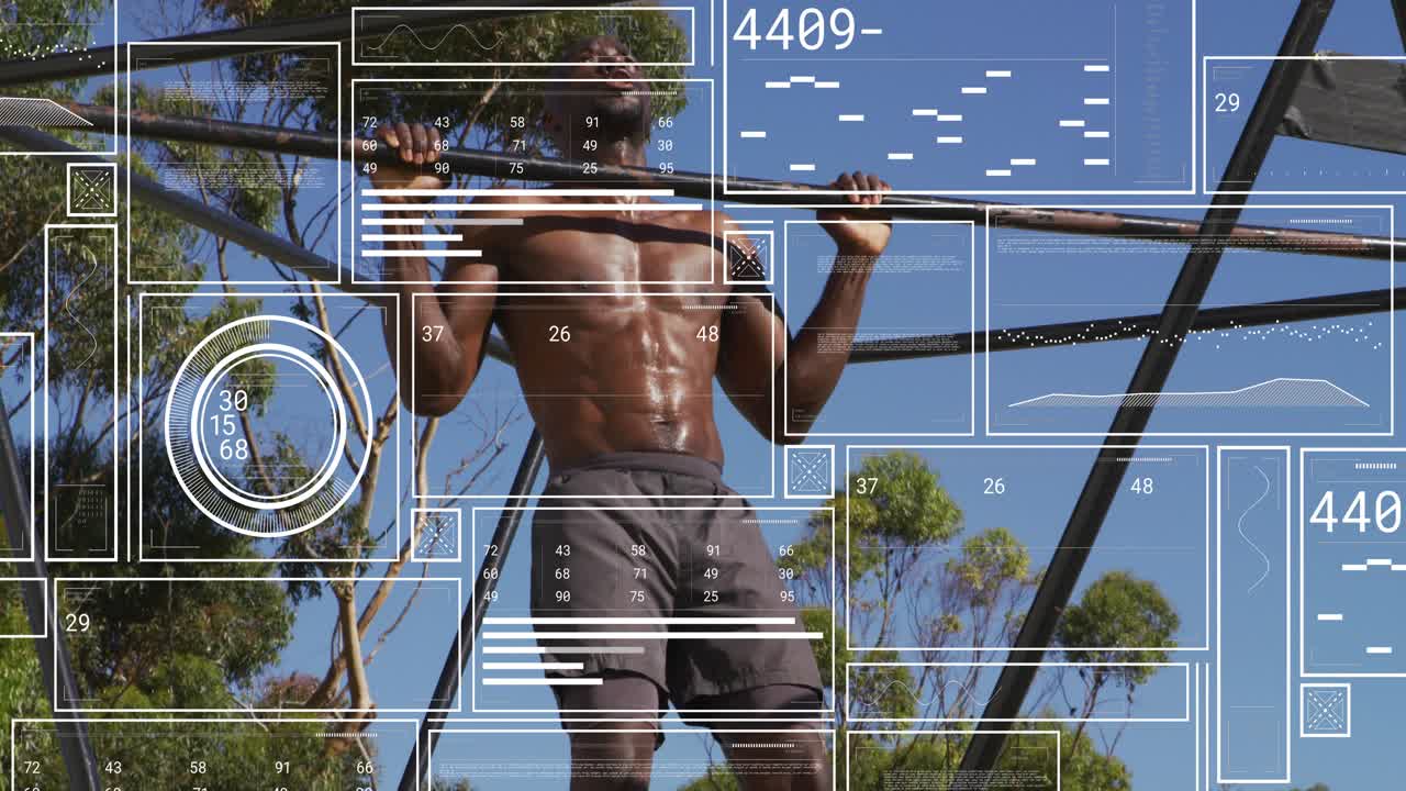 Adult man gripping pull-up bar and doing reps outside, HUD overlay charts tracking fitness metrics