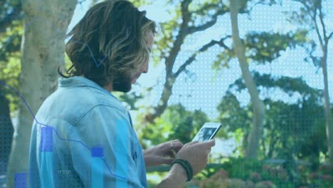 animación del procesamiento de datos financieros sobre el hombre utilizando un teléfono inteligente